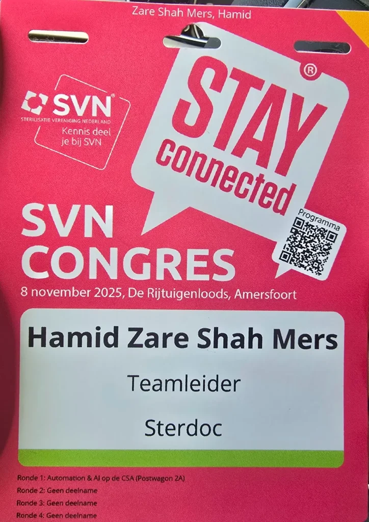 کارت حضور حمید زارع به‌عنوان سرپرست تیم Sterdoc در کنگره SVN 2025، حمید زارع